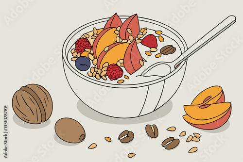 81 Creamy yogurt bowl, granola clusters, vibrant fresh berries, sliced apricots, whole hazelnuts, pecans, white ceramic bowl, rustic breakfast, healthy eating, colorful fruit medley, crunchy texture, 