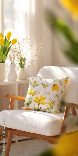 Spring living room with design armchair, furniture, vase with flowers,Home decor,Easter holidays,modern living room interior with easter flowers,living room with Easter decorations,vase with tulips,Ai