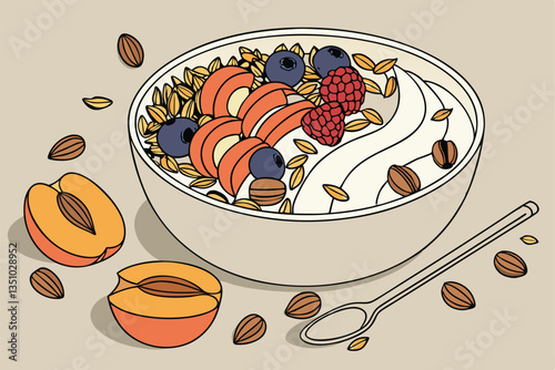 81 Creamy yogurt bowl, granola clusters, vibrant fresh berries, sliced apricots, whole hazelnuts, pecans, white ceramic bowl, rustic breakfast, healthy eating, colorful fruit medley, crunchy texture, 