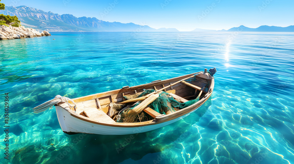 Wooden Boat in Crystal Clear Water - Coastal Scene