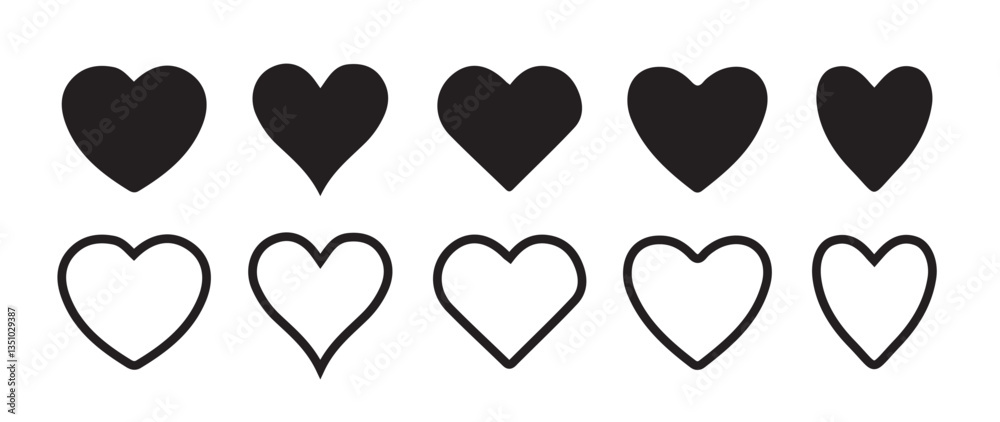 Set of hearts in black color, heart icons set vector, set of hearts different shapes for design. Heart collection. Liner love hearts vector icon. Eps 10 Set of hearts in black color, heart icons set vector, set of hearts different shapes for design. Heart collection. Liner love hearts vector icon. Eps 10