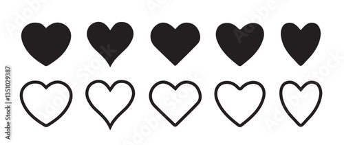 Set of hearts in black color, heart icons set vector, set of hearts different shapes for design. Heart collection. Liner love hearts vector icon. Eps 10