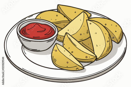 82 Potato wedges, crispy golden fries, seasoned potatoes, white plate, red ketchup dipping sauce, small bowl, appetizer platter, restaurant presentation, close-up food photography, warm tones, comfort