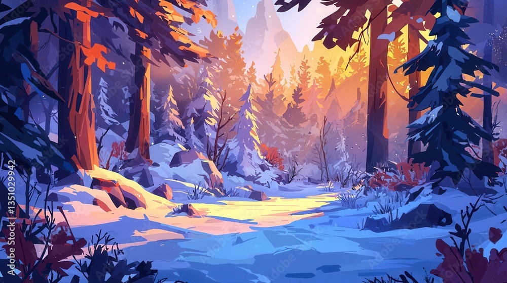 Obraz premium Winter Wonderland Sunlit Path Through Snowy Forest