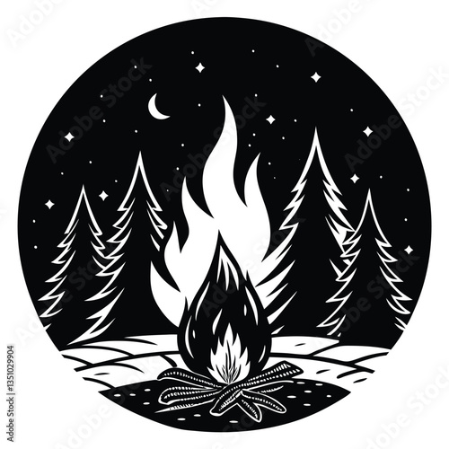 a cozy bonfire on a hilltop clearing surrounded