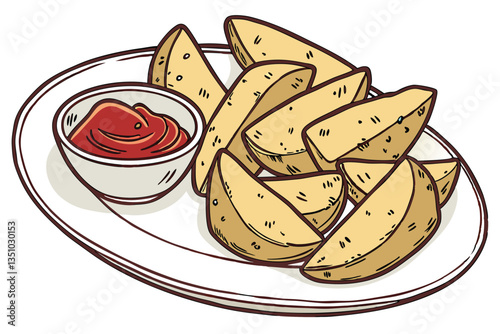 82 Potato wedges, crispy golden fries, seasoned potatoes, white plate, red ketchup dipping sauce, small bowl, appetizer platter, restaurant presentation, close-up food photography, warm tones, comfort