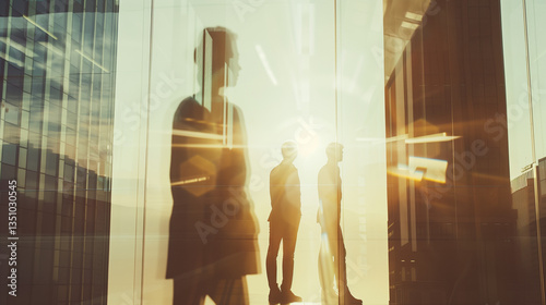 Business Professionals in Office Building with Cityscape, Silhouette Double Exposure, Collaborative Corporate Environment