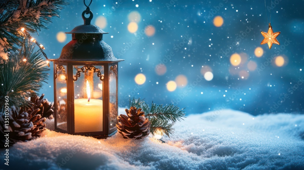 Festive candle lantern in snowy winter scene, bokeh background, holiday card