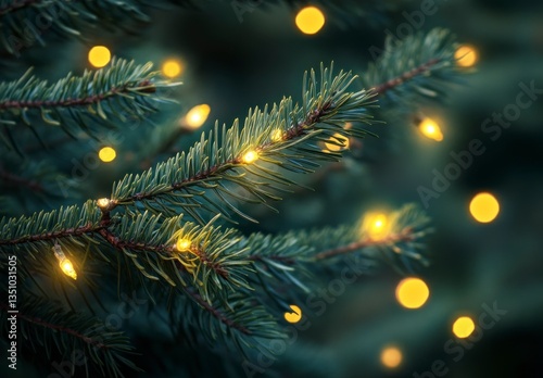 Christmas Tree Decorated with Warm Glowing Lights Close Up View