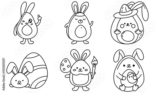 easter Avocado Bunny with Egg Pit,Cute Easter themed illustrations featuring avocados and bunnies, perfect for festive
