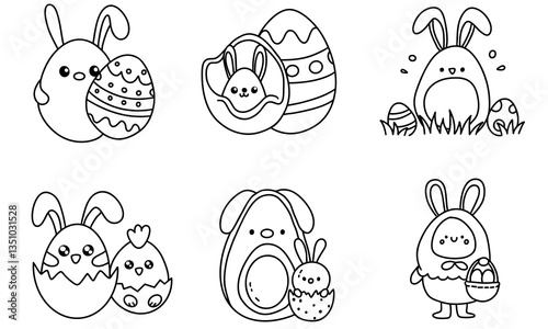 easter Avocado Bunny with Egg Pit,Cute Easter themed illustrations featuring rabbits, eggs, and chick