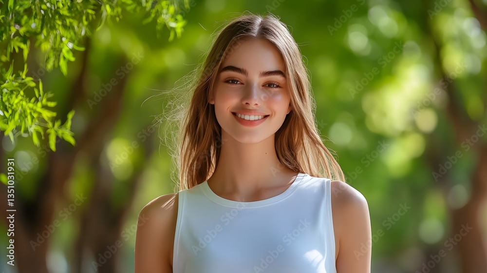 A happy smiling young woman strolling through a lush green park on a bright sunny day surrounded by the beauty of nature A happy smiling young woman strolling through a lush green park on a bright sunny day surrounded by the beauty of nature