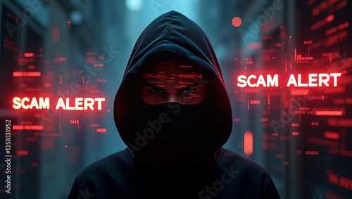 A masked individual in a dark hoodie, surrounded by digital warnings of scam alerts in a moody, high-tech environment.