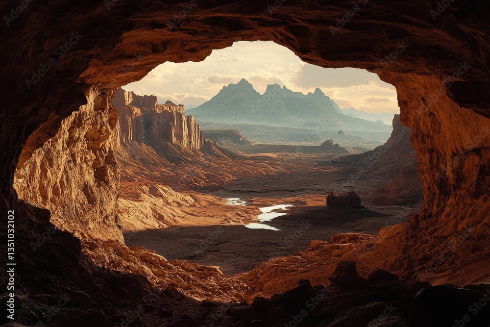 Fototapeta premium Cave opening reveals scenic desert landscape with mountains and a river.