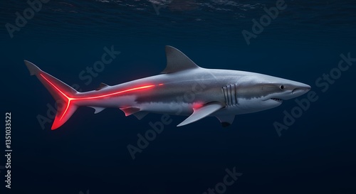 Wallpaper Mural Great White Shark Swimming Underwater with Red Glowing Bioluminescent Markings Torontodigital.ca