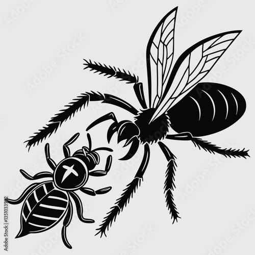 A wasp stinging a tarantula image silhouette design vector art and illustration