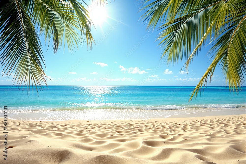 Obraz premium Scenic tropical beach with golden sand, turquoise ocean, and palm leaves on a bright sunny day. The sparkling water and clear sky create a relaxing background. Ai generative