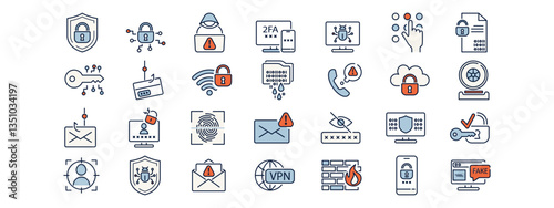 Cyber security line icon set. Data Protection, Encryption, Firewall, Hacking Attack, Phishing, Data Leak, Password, Digital Signature, Fake Website, Scam Call vector illustration. Editable Strokes