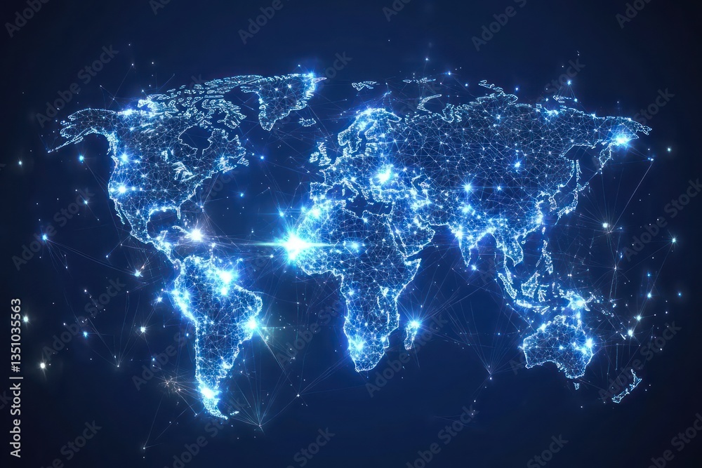 Fototapeta premium Global network connections, illuminated world map, data flow background, technology concept