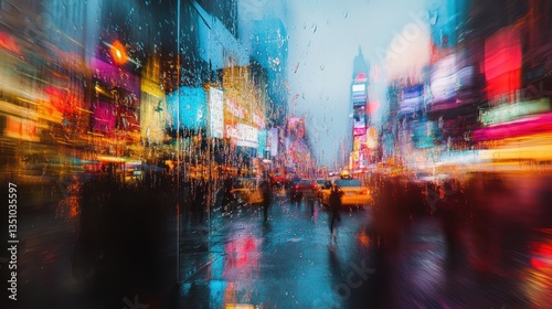 Rainy Night Times Square, NYC, Blurred Motion, City Lights