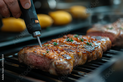 A food handler measuring the internal temperature of cooked meat with a digital thermometer, ensuring hygiene, health safety, and prevention.