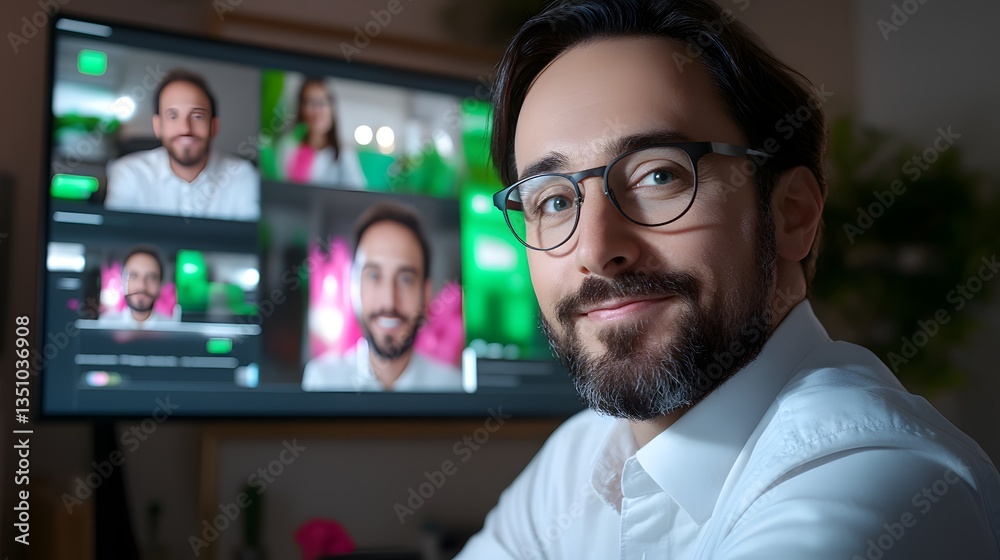 A tech startup CEO sitting in a modern well equipped office surrounded by multiple digital screens during a virtual team meeting or conference call A tech startup CEO sitting in a modern well equipped office surrounded by multiple digital screens during a virtual team meeting or conference call