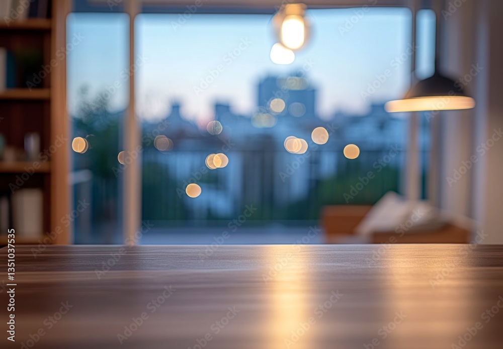 Empty Wood Table with City View and Bokeh Lights Background