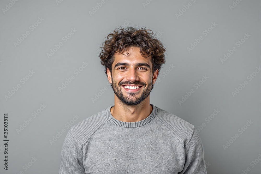 Obraz premium Happy young man with curly hair and a beard, wearing a gray sweater, smiling confidently against a neutral background. Concept of positivity and confidence. Ai generative