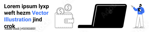 Wallet with coins emphasizes finance, laptop symbolizes technology presenter highlights professional advice. Ideal for business, fintech, budgeting, education, technology, presentations, simple