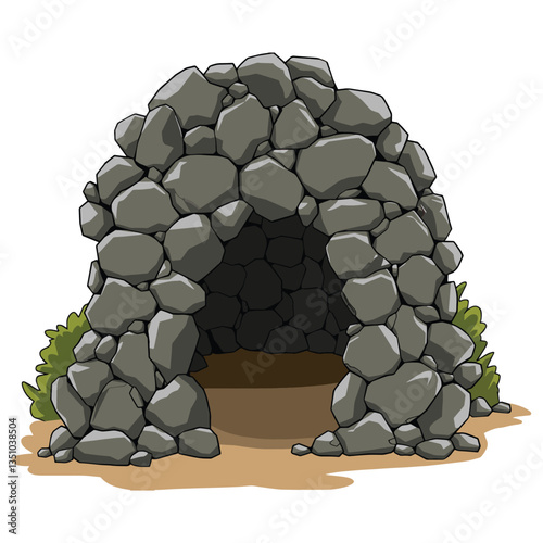 Entrance to a stone cave, old cave in rock on yellow soil. Vector illustration, ideal for adventure or fantasy themed designs.