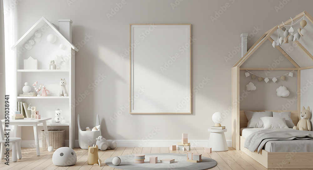 Frame mockup, ISO A paper size. Kids Room wall poster mockup. Interior mockup with house background. Modern interior design. 3D render Frame mockup, ISO A paper size. Kids Room wall poster mockup. Interior mockup with house background. Modern interior design. 3D render