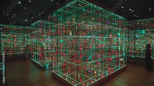 Illuminated cubes containing small objects are in a museum exhibit space