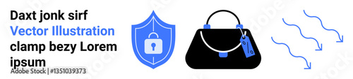 Shield with lock icon, handbag with key tag, and airflow lines symbolizing security, safety, personal item protection. Ideal for fashion, privacy, cyber safety, locking mechanisms personal care