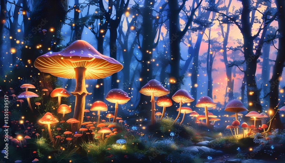 Fototapeta premium Glowing Magical Mushrooms in Enchanted Forest at Night
