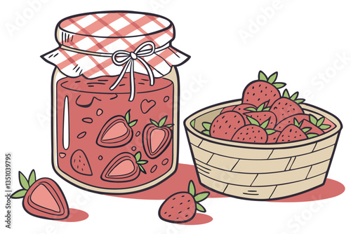 89 Glass jar, homemade strawberry jam, red gingham lid cover, chunky fruit preserves, vibrant red color, rustic kitchen aesthetic, artisanal food photography, clear glass container, seeds visible, sum