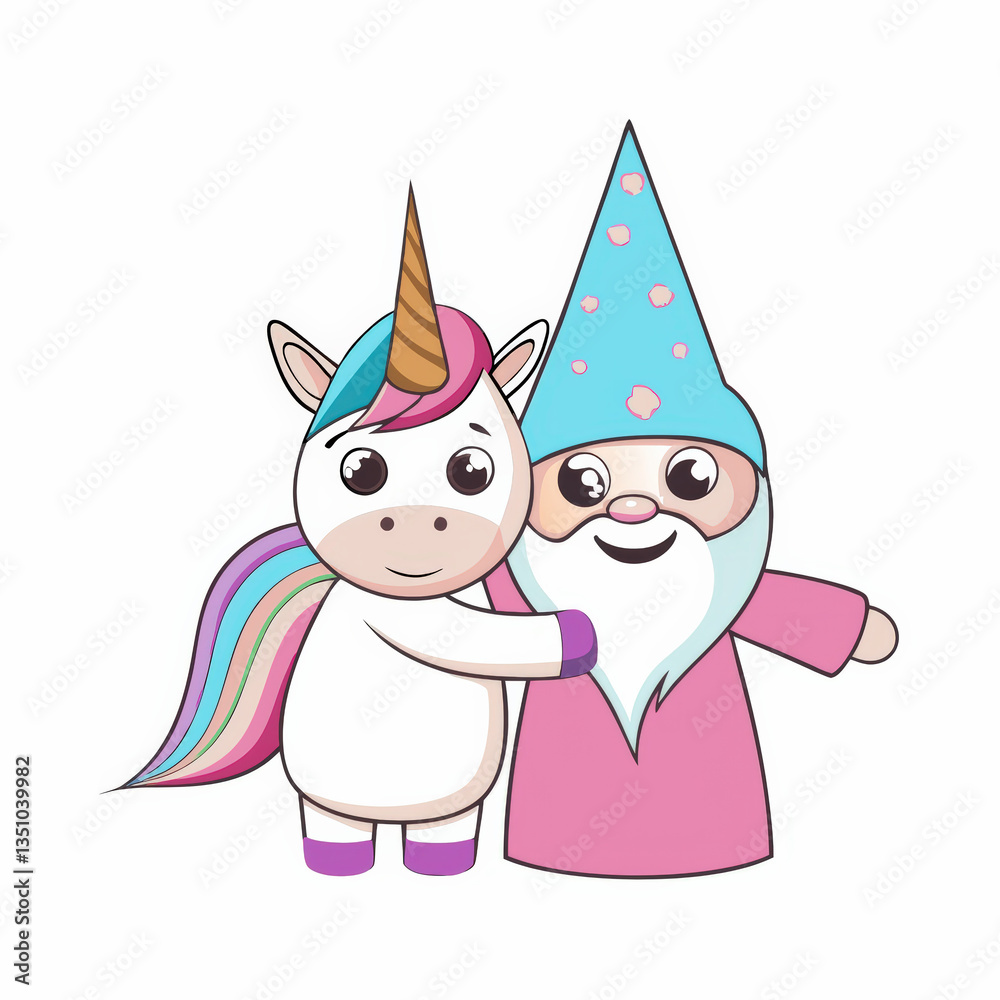 Fototapeta premium Gnome and Unicorn, cheerful gnome and friendly unicorn share joyful moment together in whimsical scene