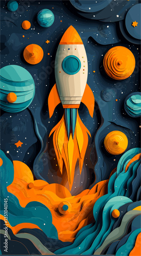 papercut rocket launch illustration