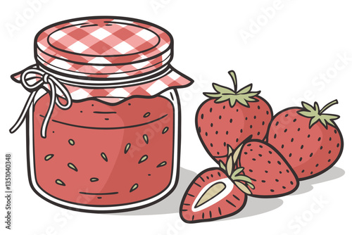 89 Glass jar, homemade strawberry jam, red gingham lid cover, chunky fruit preserves, vibrant red color, rustic kitchen aesthetic, artisanal food photography, clear glass container, seeds visible, sum