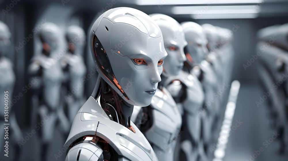 Fototapeta premium Futuristic Humanoid Robots Standing in a Row AI Technology Close up View