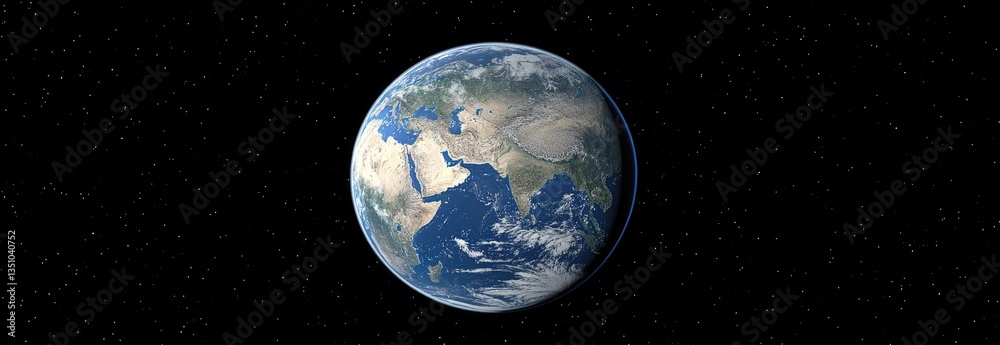 Obraz premium High-Definition Photography of Earth Centered in the Universe with Stars Shining Around, Blue and White Colors Creating Space Exploration Atmosphere, Wide-Angle Lens for Cinematic Feel