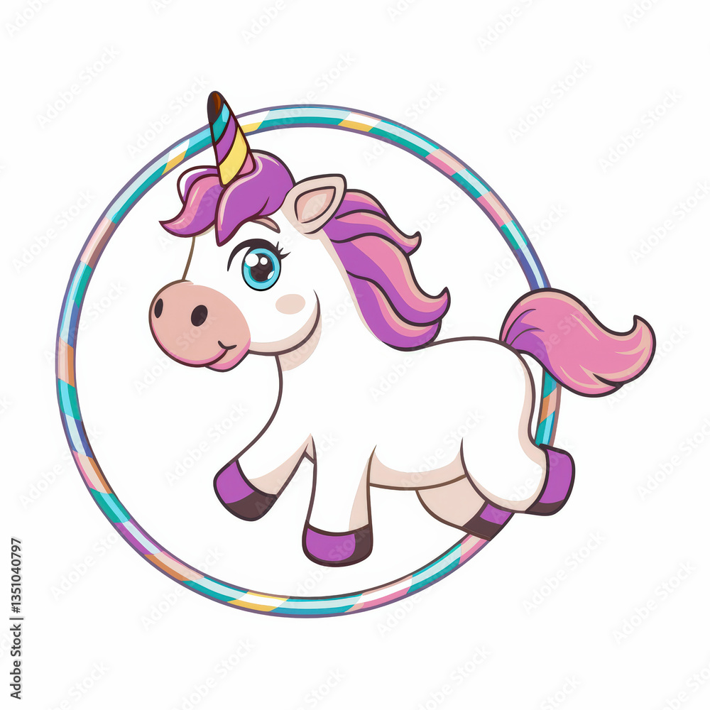 Naklejka premium Gnome and Unicorn, playful unicorn with colorful mane jumps through hoop, bringing joy and magic to any scene