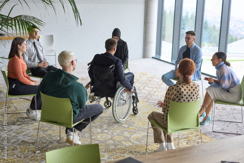 custom made wallpaper toronto digitalCorporate business team meeting with a manager or coach. Group of happy diverse, multiracial people sitting in a circle