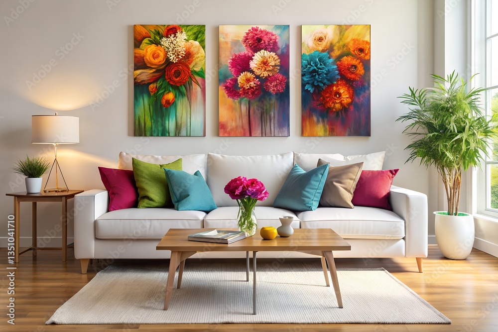 Fototapeta premium Modern Home Design with a Comfortable White Sofa and Artwork