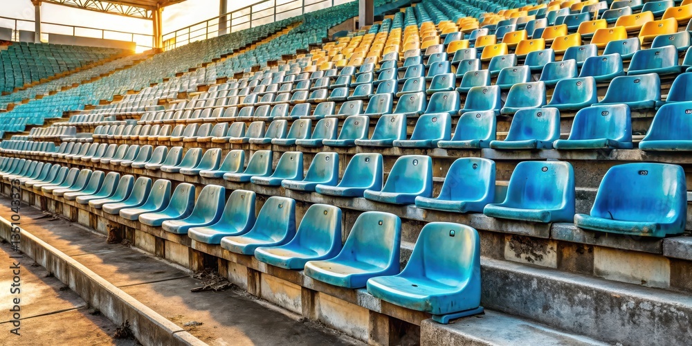 Fototapeta premium Abandoned plastic stadium seats with empty space , stadium, emptiness, stadium, emptiness, silence, desolation, arena