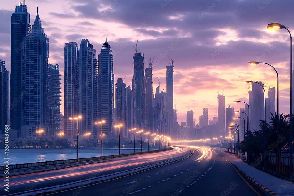 Fototapeta premium A modern cityscape road during twilight with glowing street lamps and skyscrapers in the backdrop.