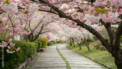 Serene cherry blossom festival pathway with vibrant trees in full bloom