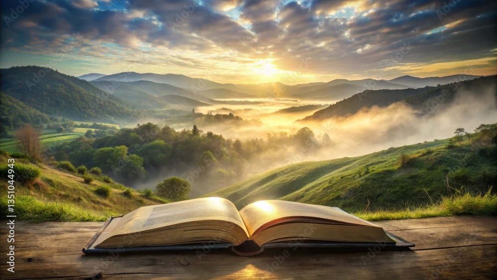 Ancient Tome in the Middle of a Serene Landscape, misty, hills, misty, hills, mystic, mystical, horizon, greenery