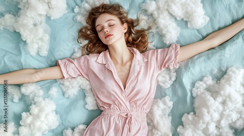 Woman in pink pajamas sleeps peacefully among fluffy, white cotton clouds