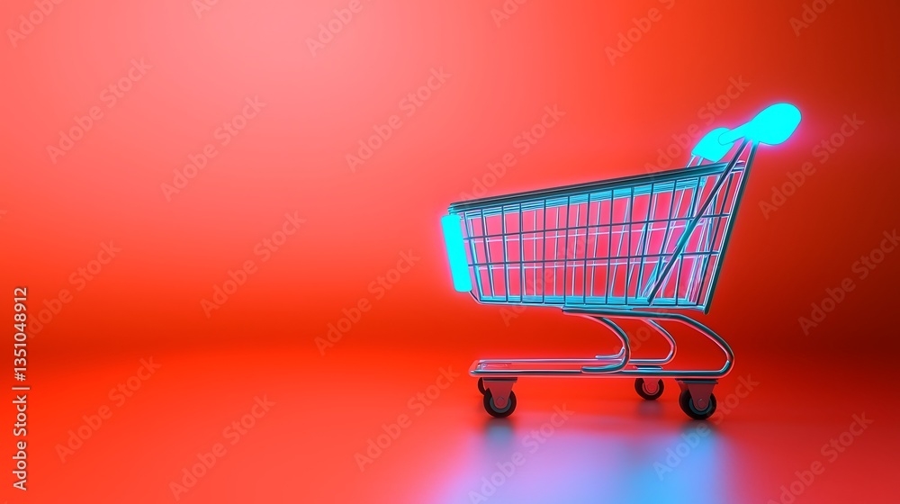 Neon Shopping Cart for Red Background.