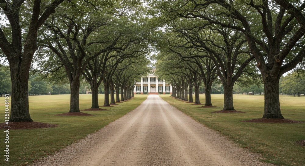 Obraz premium Serene tree-lined driveway leading to a grand estate, surrounded by lush greenery and tranquility - plantaion homes | plantation house